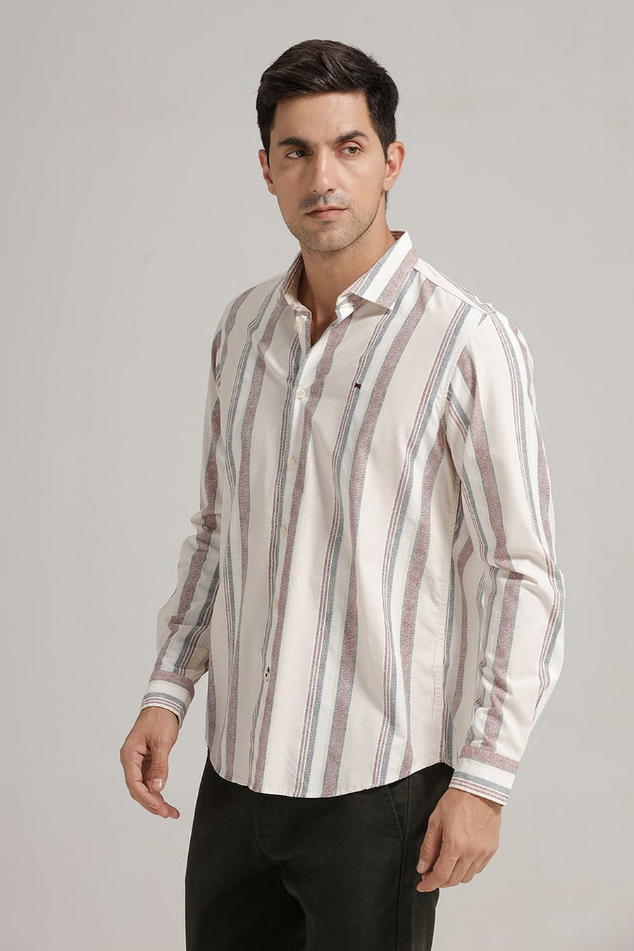 BASICS SLIM FIT BEIGE MORN COTTON VISCOSE PRINTED STRIPE SHIRT