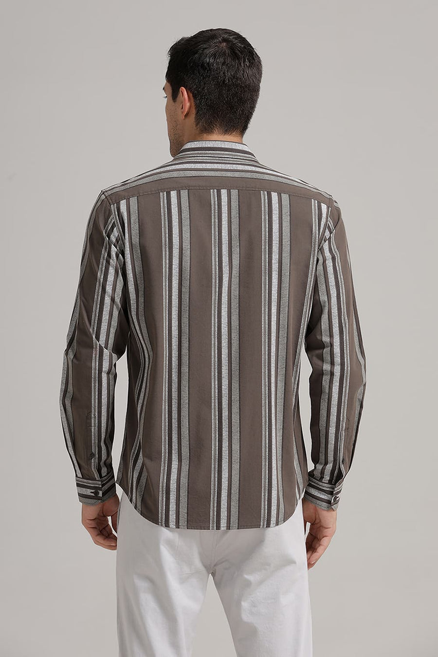 BASICS SLIM FIT CORD OLIVE COTTON VISCOSE PRINTED STRIPE SHIRT