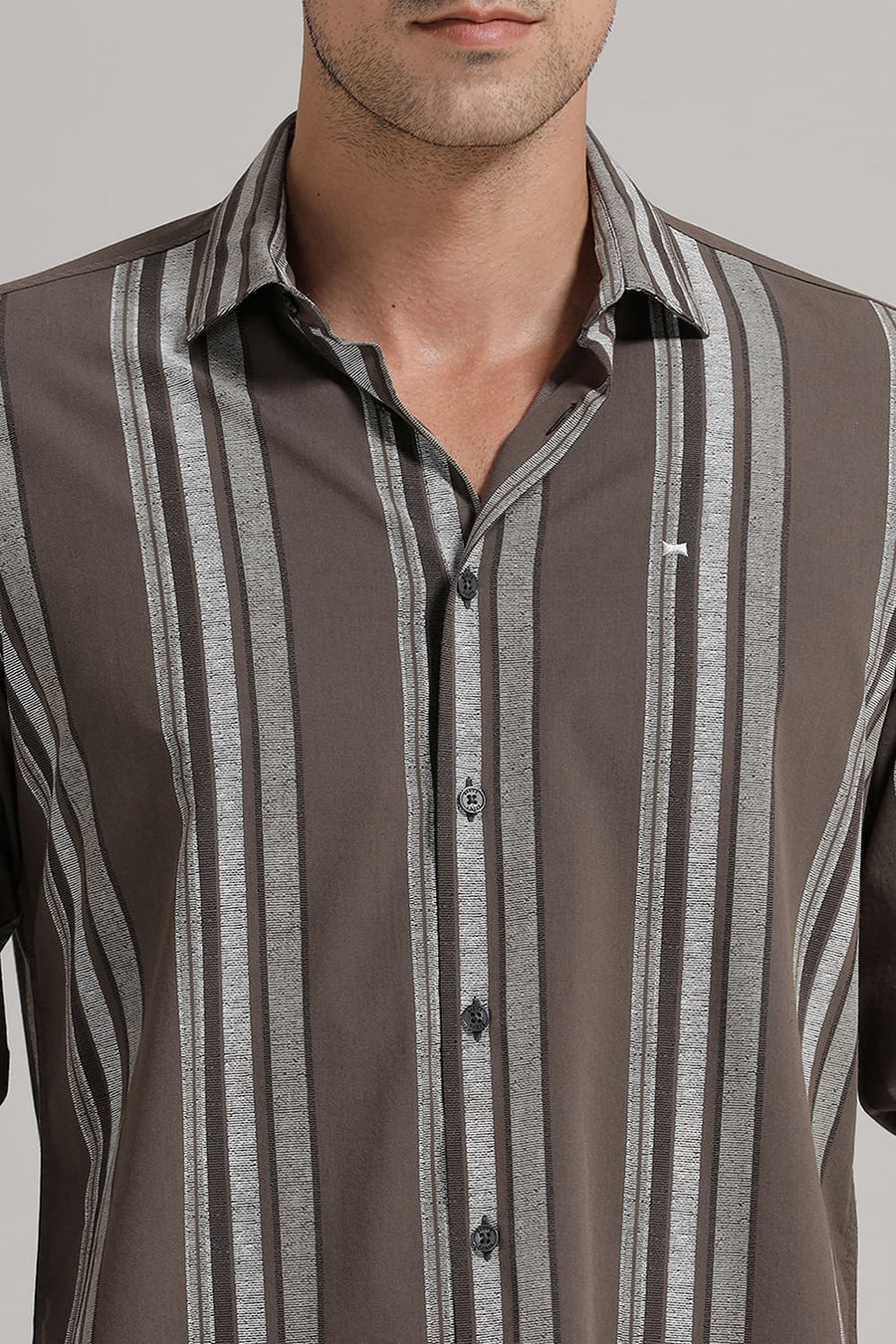BASICS SLIM FIT CORD OLIVE COTTON VISCOSE PRINTED STRIPE SHIRT