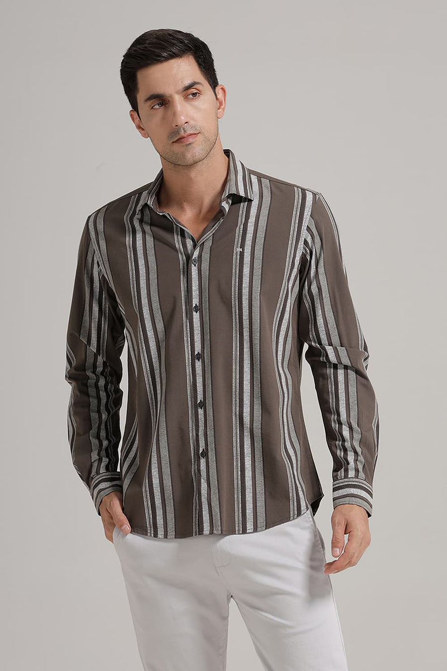 BASICS SLIM FIT CORD OLIVE COTTON VISCOSE PRINTED STRIPE SHIRT