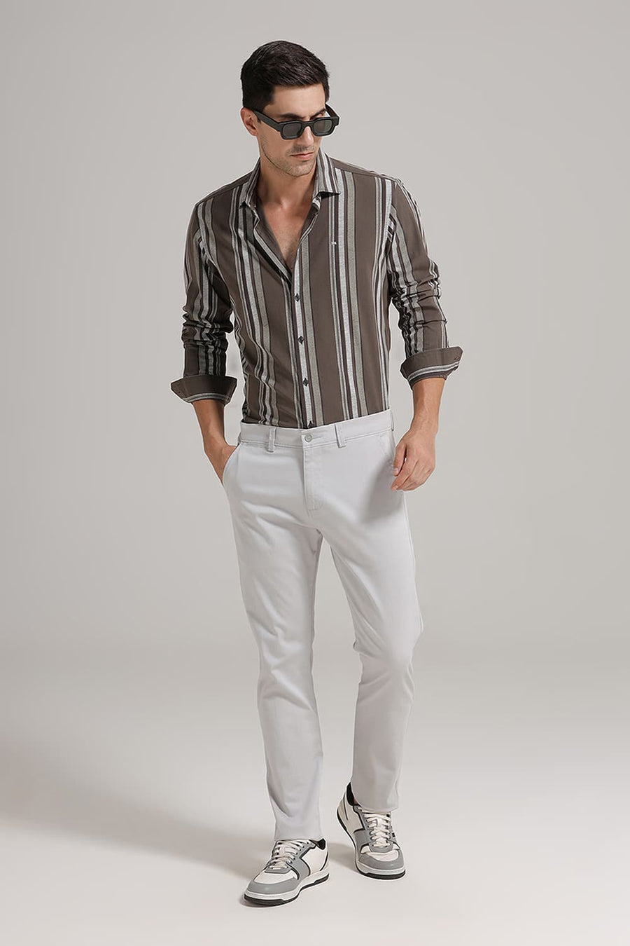 BASICS SLIM FIT CORD OLIVE COTTON VISCOSE PRINTED STRIPE SHIRT