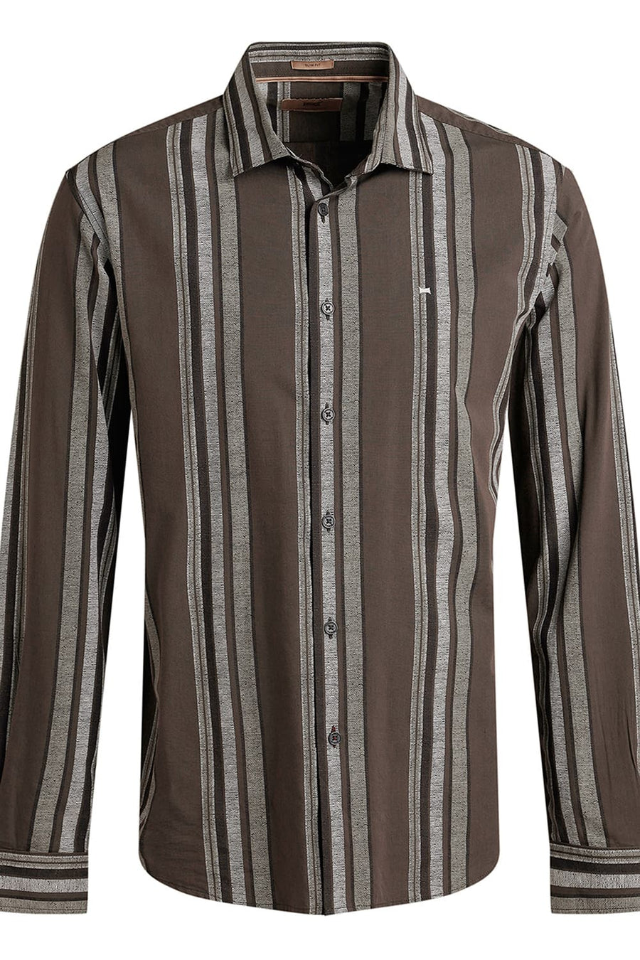 BASICS SLIM FIT CORD OLIVE COTTON VISCOSE PRINTED STRIPE SHIRT
