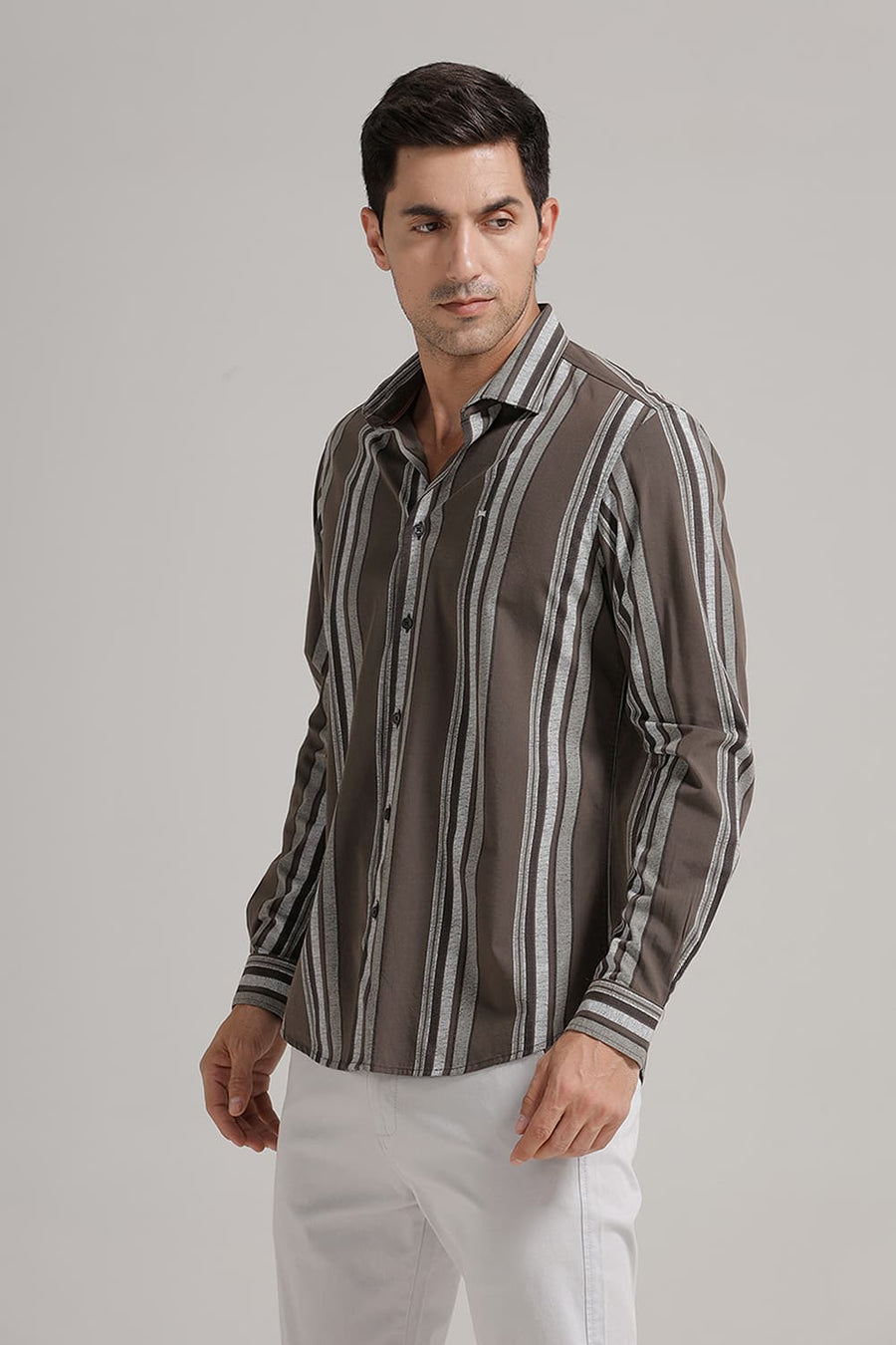 BASICS SLIM FIT CORD OLIVE COTTON VISCOSE PRINTED STRIPE SHIRT