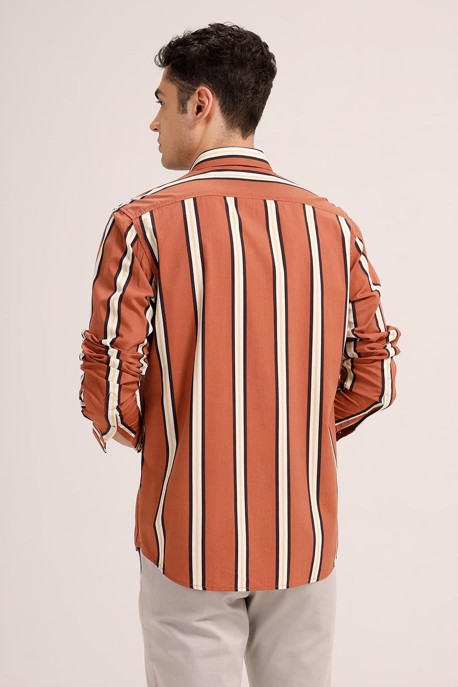 BASICS SLIM FIT CINNAMON BRICK COTTON VISCOSE PRINTED STRIPE SHIRT