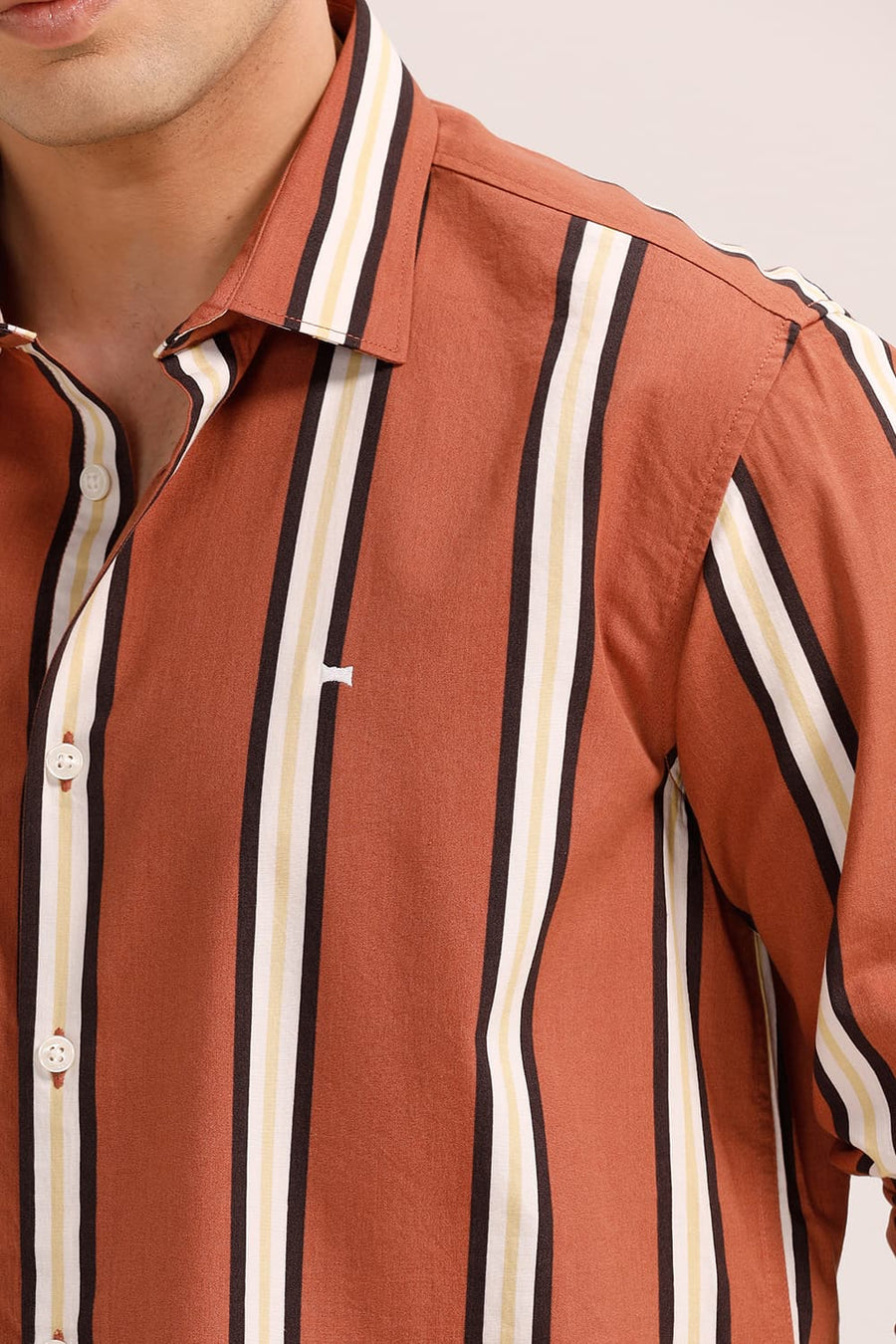 BASICS SLIM FIT CINNAMON BRICK COTTON VISCOSE PRINTED STRIPE SHIRT