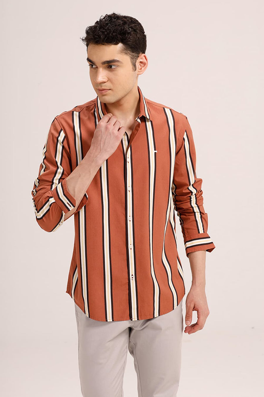 BASICS SLIM FIT CINNAMON BRICK COTTON VISCOSE PRINTED STRIPE SHIRT