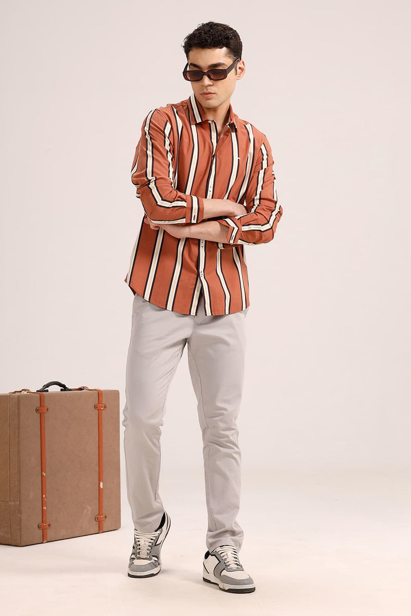 SLIM FIT COTTON VISCOSE PRINTED STRIPE SHIRT