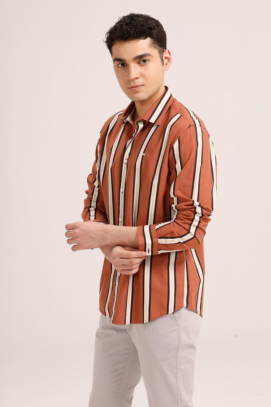 BASICS SLIM FIT CINNAMON BRICK COTTON VISCOSE PRINTED STRIPE SHIRT