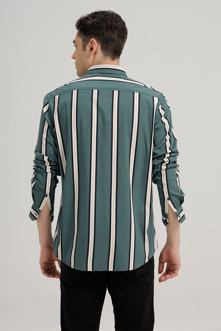 BASICS SLIM FIT POSY GREEN COTTON VISCOSE PRINTED STRIPE SHIRT