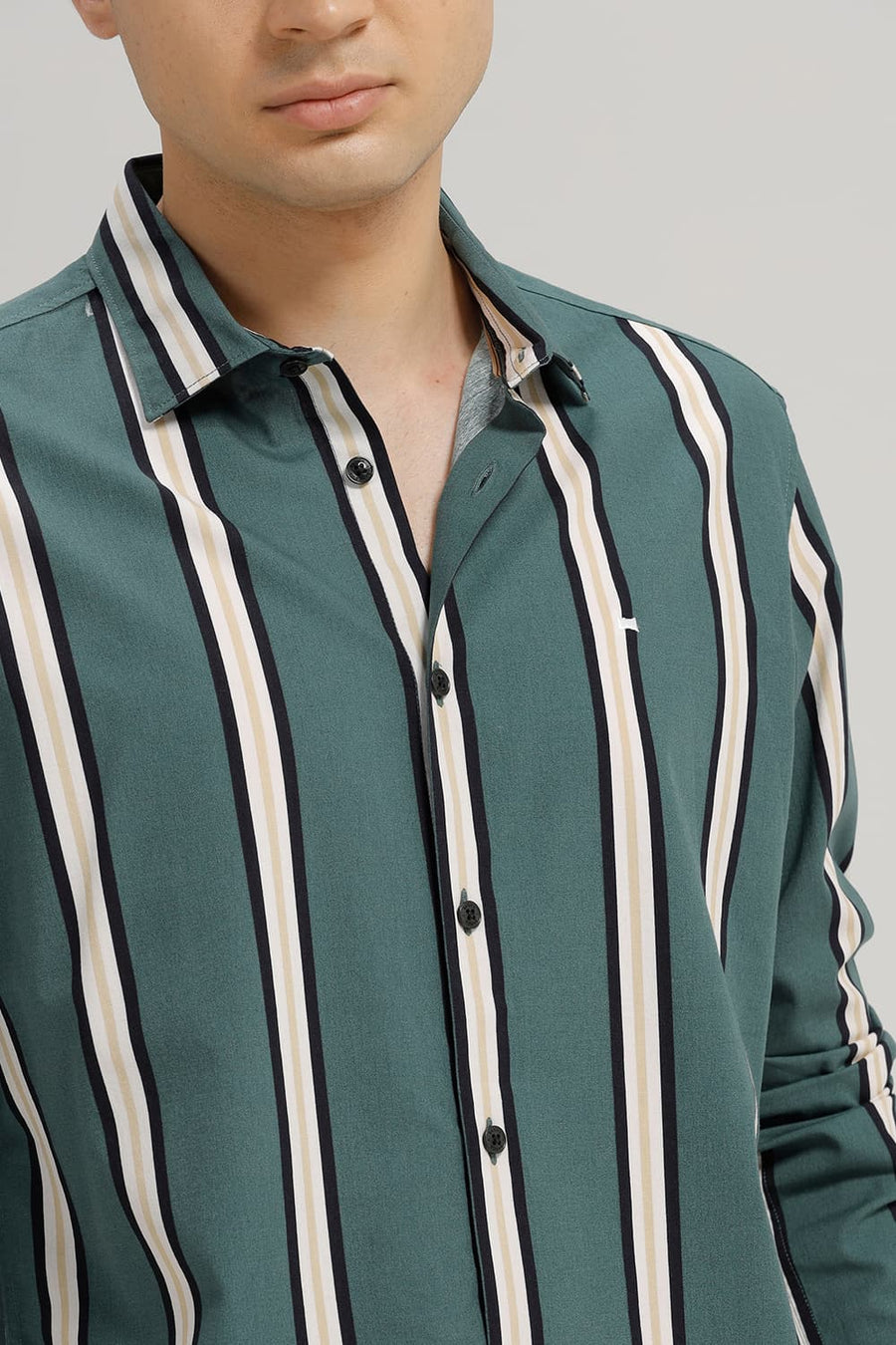 BASICS SLIM FIT POSY GREEN COTTON VISCOSE PRINTED STRIPE SHIRT