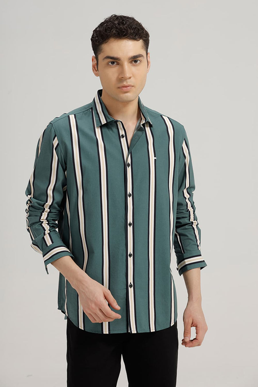 BASICS SLIM FIT POSY GREEN COTTON VISCOSE PRINTED STRIPE SHIRT