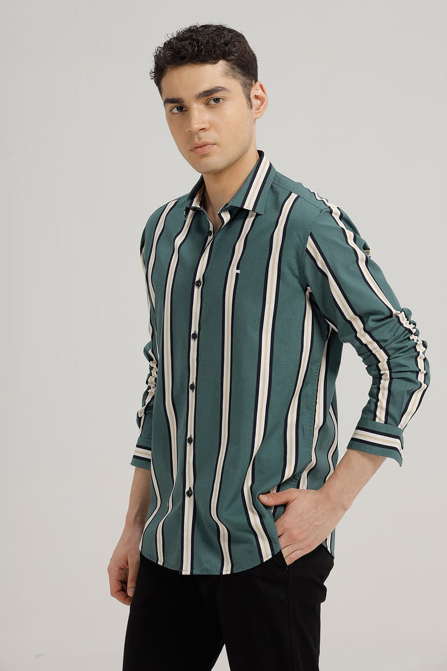 BASICS SLIM FIT POSY GREEN COTTON VISCOSE PRINTED STRIPE SHIRT