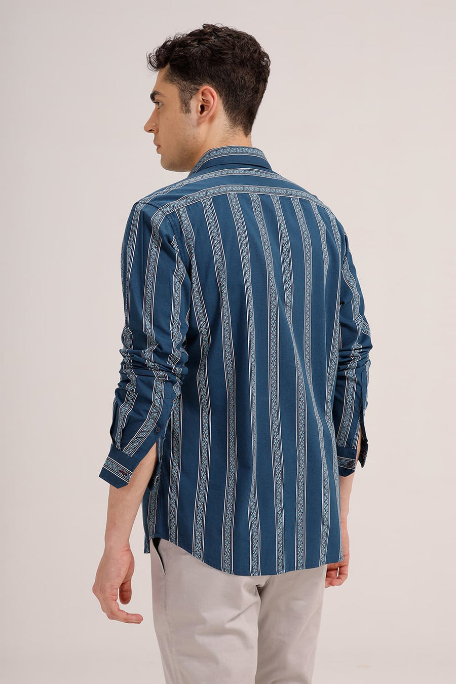 BASICS SLIM FIT TURQUOISE OPAL COTTON VISCOSE PRINTED STRIPE SHIRT