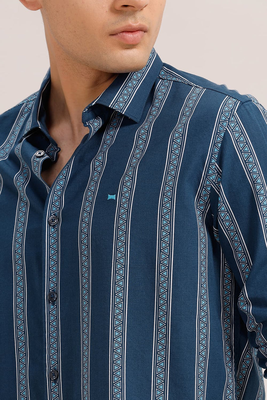 BASICS SLIM FIT TURQUOISE OPAL COTTON VISCOSE PRINTED STRIPE SHIRT
