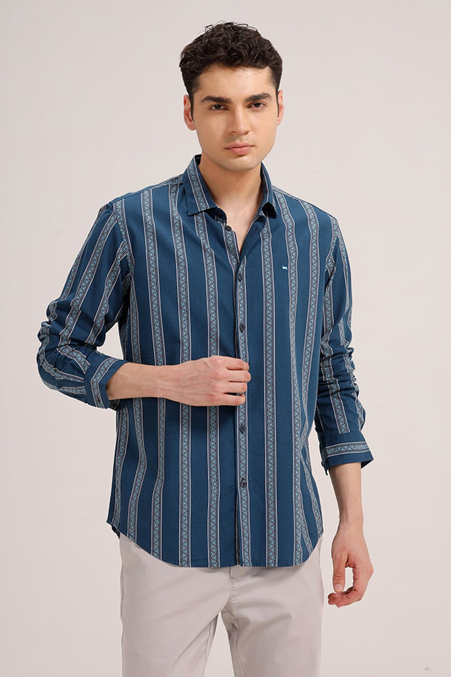 BASICS SLIM FIT TURQUOISE OPAL COTTON VISCOSE PRINTED STRIPE SHIRT