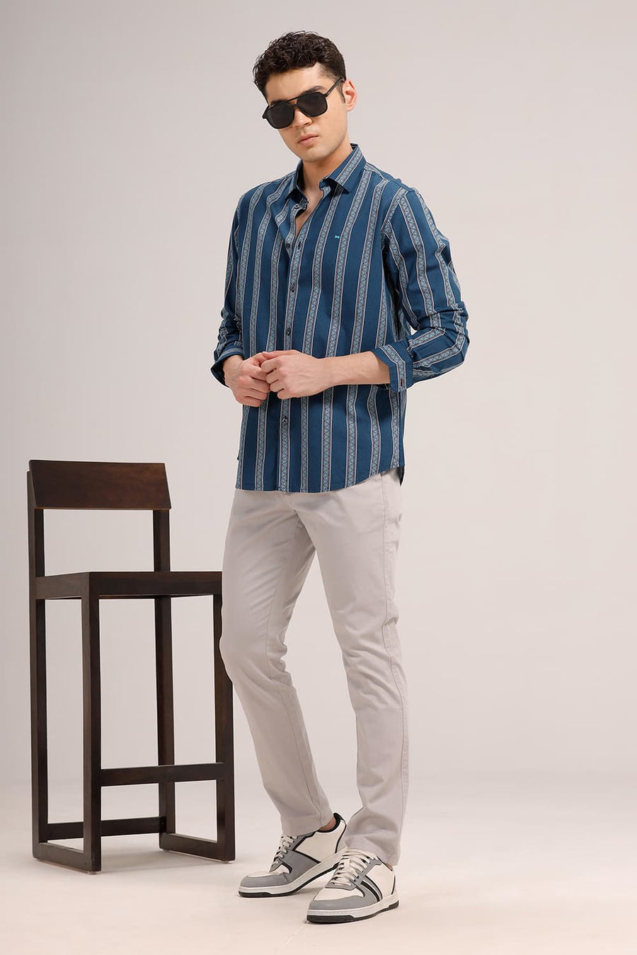 BASICS SLIM FIT TURQUOISE OPAL COTTON VISCOSE PRINTED STRIPE SHIRT