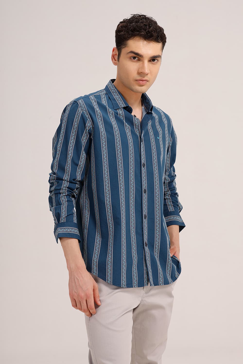 SLIM FIT COTTON VISCOSE PRINTED STRIPE SHIRT