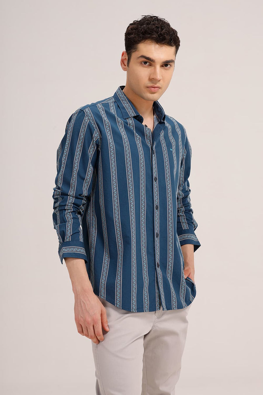 BASICS SLIM FIT TURQUOISE OPAL COTTON VISCOSE PRINTED STRIPE SHIRT