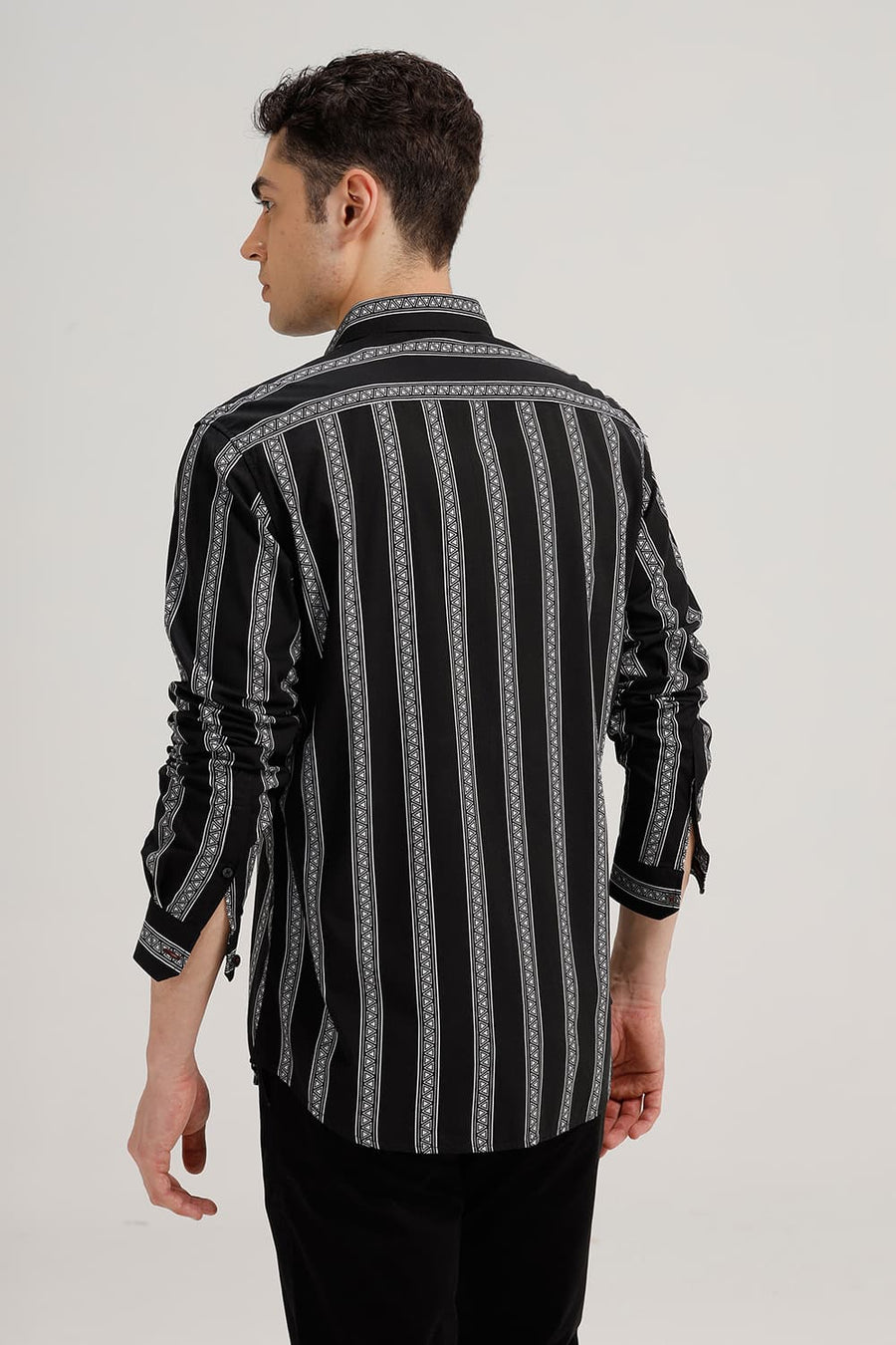 BASICS SLIM FIT GRAPHITE BLACK COTTON VISCOSE PRINTED STRIPE SHIRT