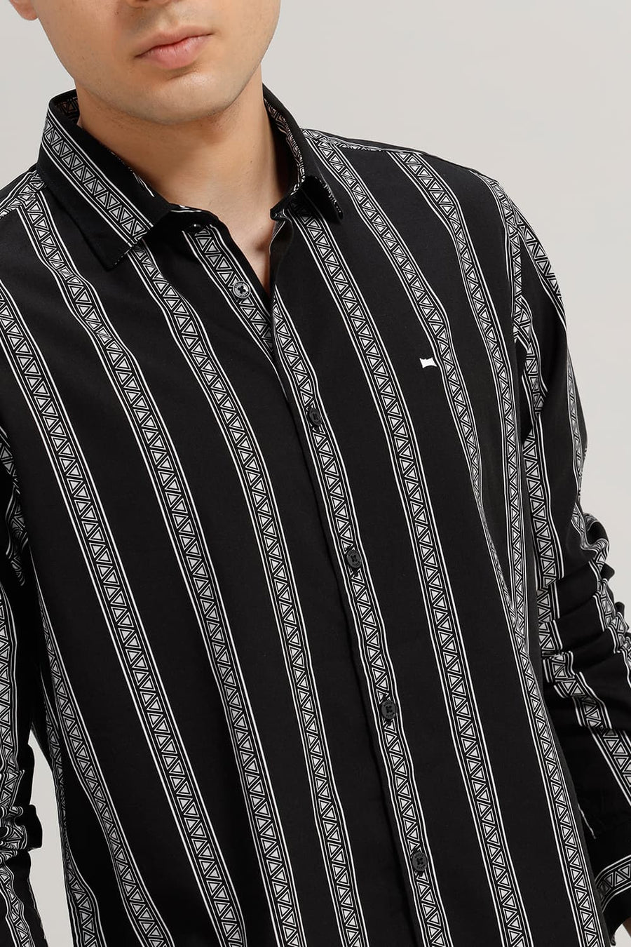 BASICS SLIM FIT GRAPHITE BLACK COTTON VISCOSE PRINTED STRIPE SHIRT