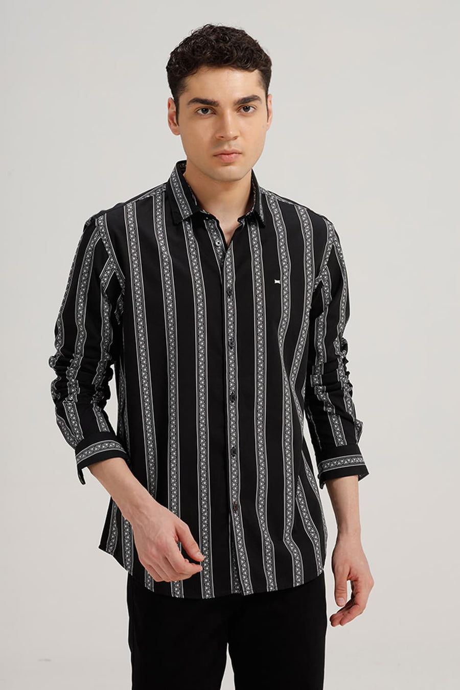 BASICS SLIM FIT GRAPHITE BLACK COTTON VISCOSE PRINTED STRIPE SHIRT