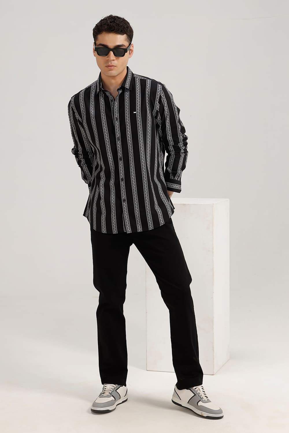 SLIM FIT COTTON VISCOSE PRINTED STRIPE SHIRT