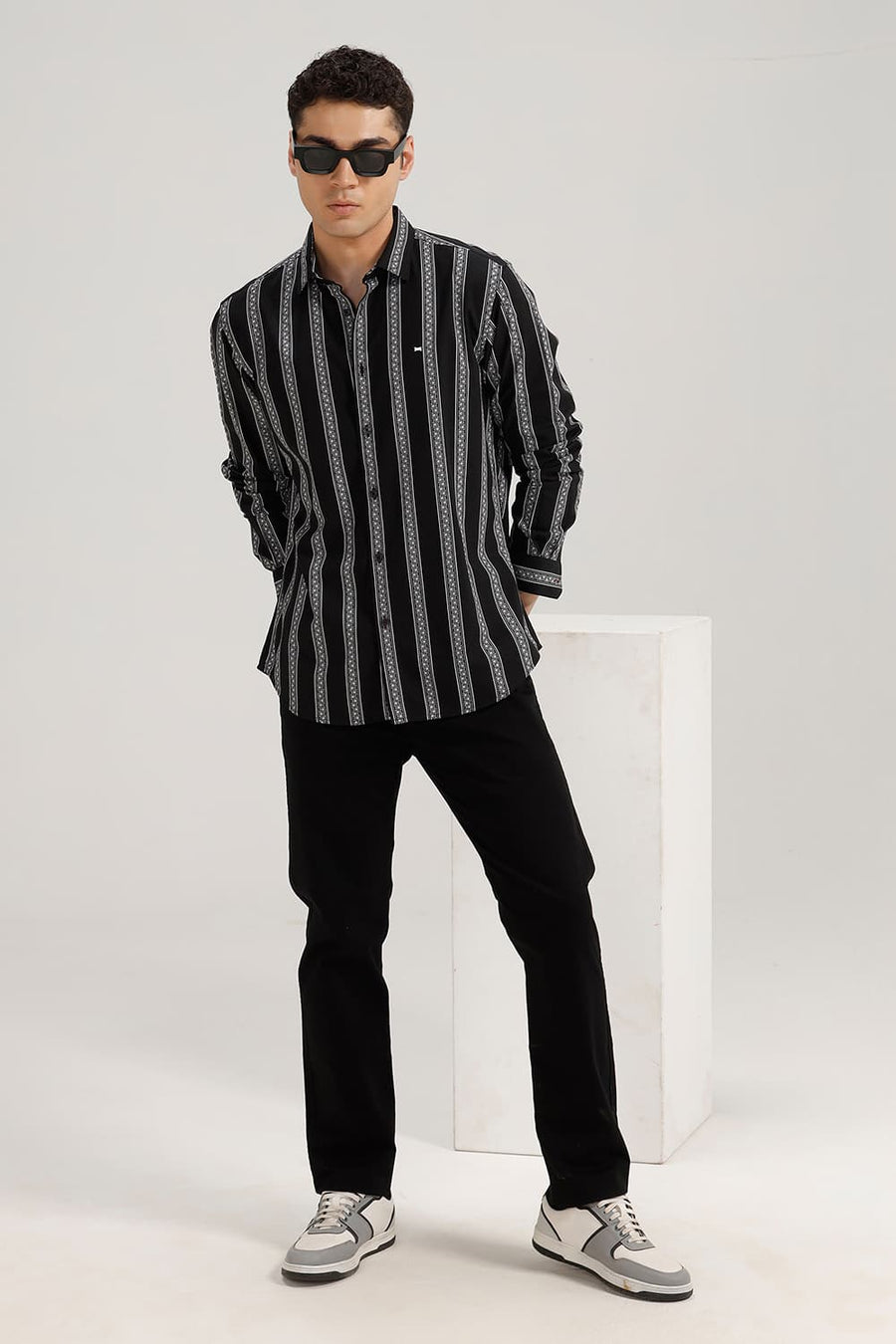 BASICS SLIM FIT GRAPHITE BLACK COTTON VISCOSE PRINTED STRIPE SHIRT