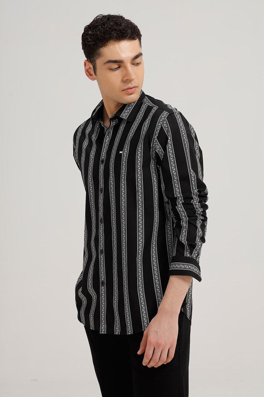BASICS SLIM FIT GRAPHITE BLACK COTTON VISCOSE PRINTED STRIPE SHIRT