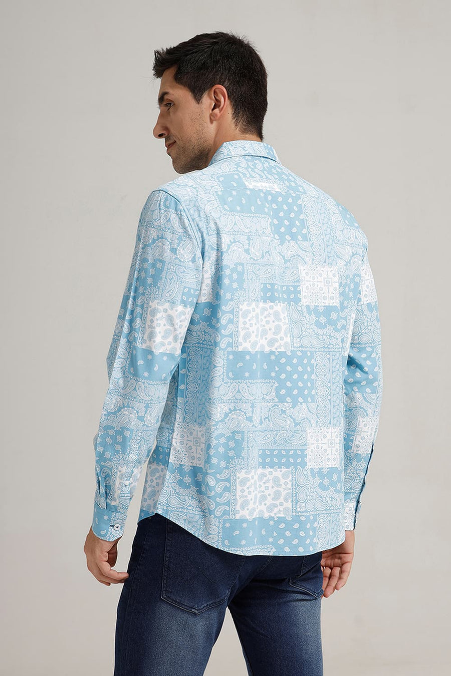 BASICS SLIM FIT BLUE STILWATER COTTON VISCOSE PRINTED SHIRT