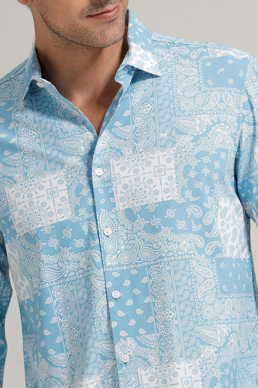 BASICS SLIM FIT BLUE STILWATER COTTON VISCOSE PRINTED SHIRT