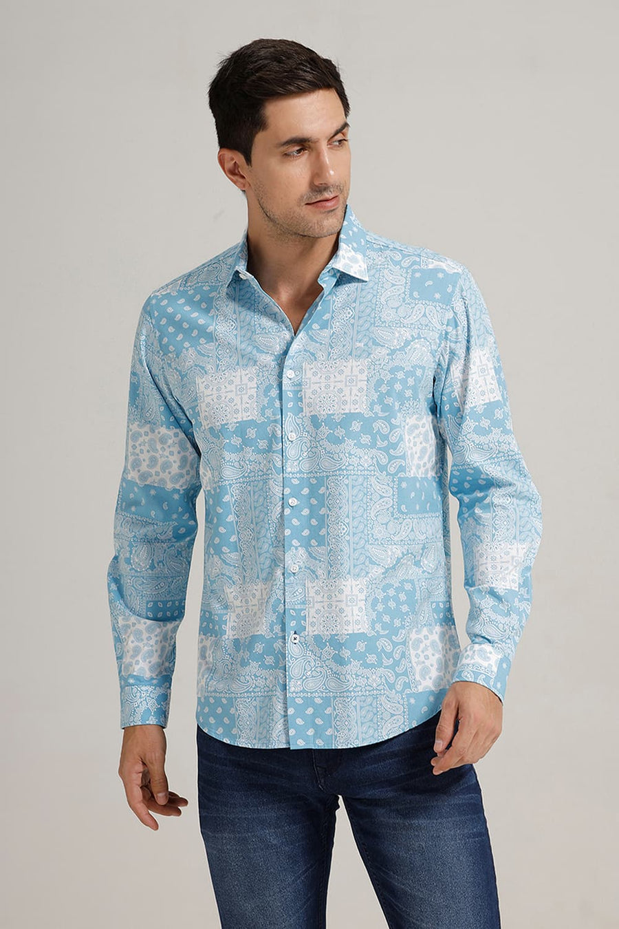 BASICS SLIM FIT BLUE STILWATER COTTON VISCOSE PRINTED SHIRT