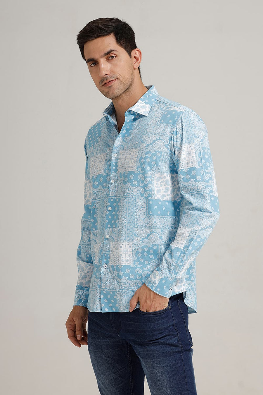 BASICS SLIM FIT BLUE STILWATER COTTON VISCOSE PRINTED SHIRT