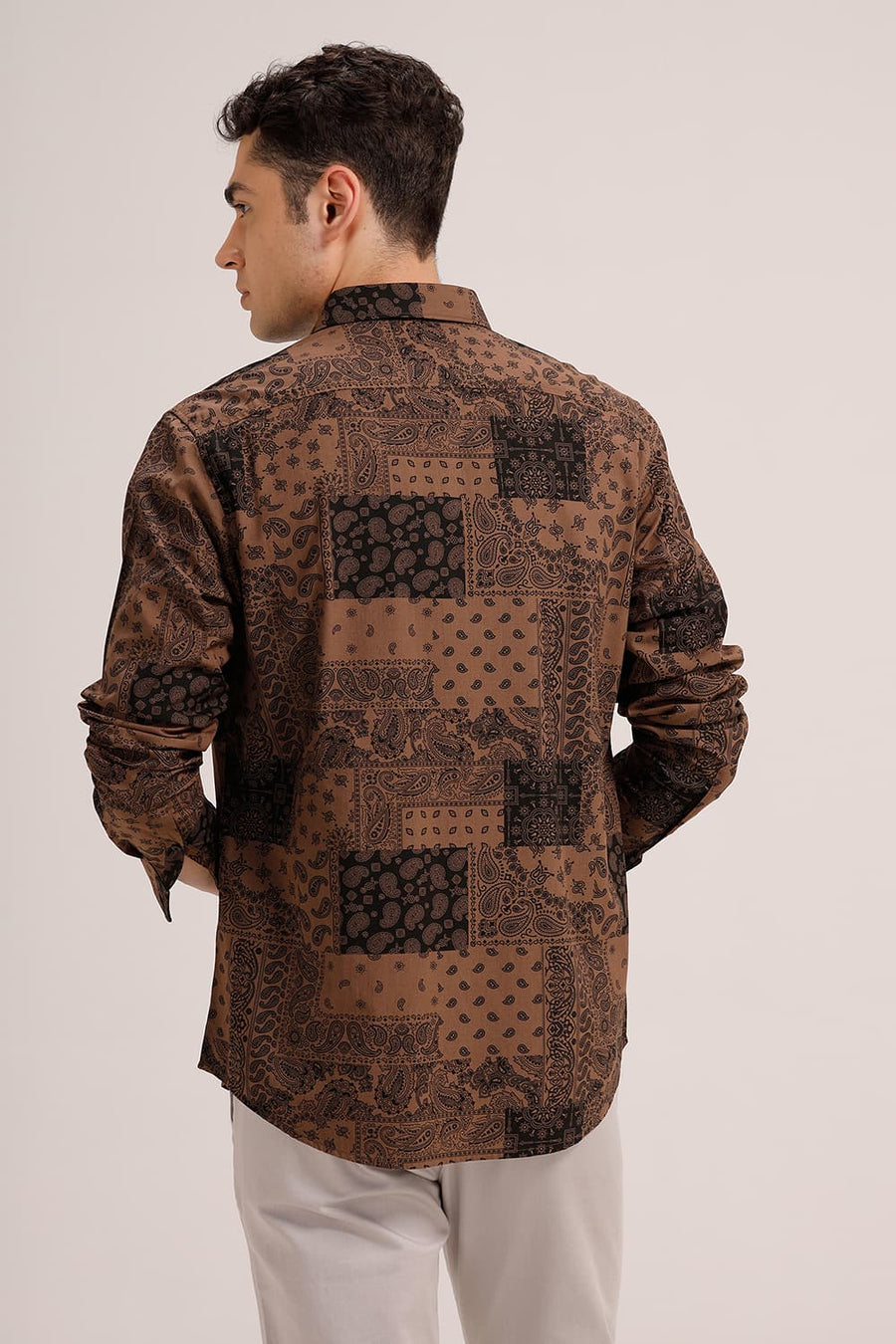 BASICS SLIM FIT COCO BROWN COTTON VISCOSE PRINTED SHIRT