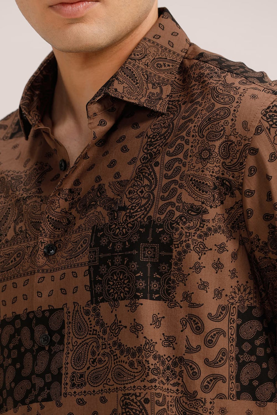 BASICS SLIM FIT COCO BROWN COTTON VISCOSE PRINTED SHIRT
