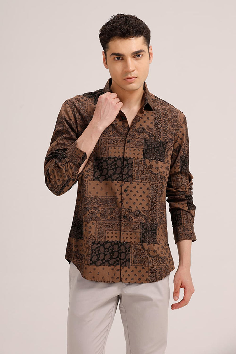 BASICS SLIM FIT COCO BROWN COTTON VISCOSE PRINTED SHIRT