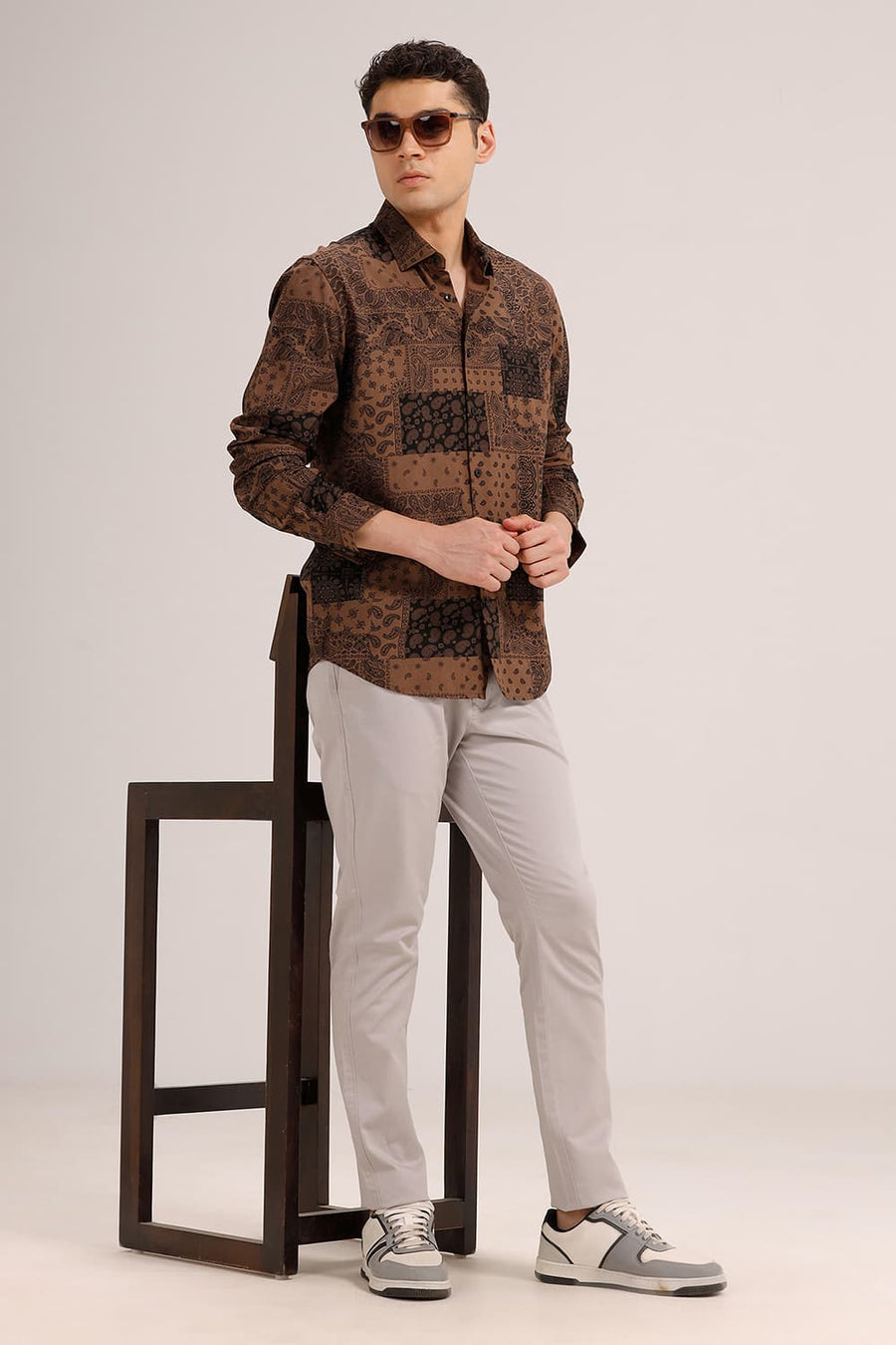 BASICS SLIM FIT COCO BROWN COTTON VISCOSE PRINTED SHIRT
