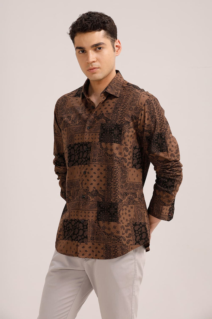 BASICS SLIM FIT COCO BROWN COTTON VISCOSE PRINTED SHIRT