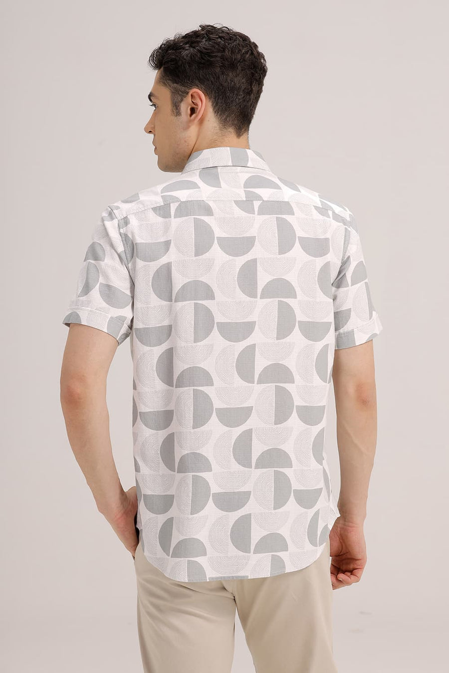 BASICS SLIM FIT CLOUD WHITE COTTON HOPSACK PRINTED HALFSLEEVES SHIRT