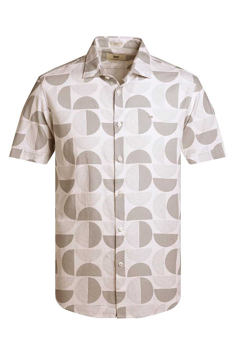 BASICS SLIM FIT CLOUD WHITE COTTON HOPSACK PRINTED HALFSLEEVES SHIRT