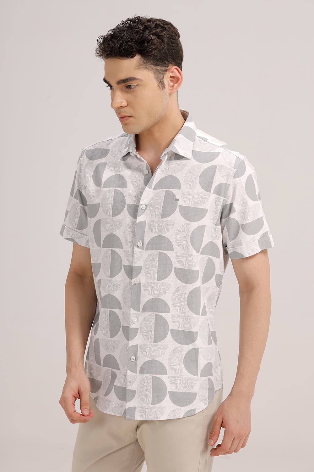 SLIM FIT COTTON HOPSACK PRINTED HALFSLEEVES SHIRT