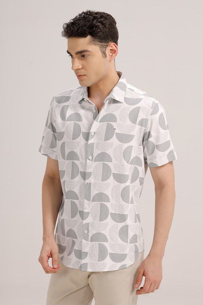SLIM FIT COTTON HOPSACK PRINTED HALFSLEEVES SHIRT