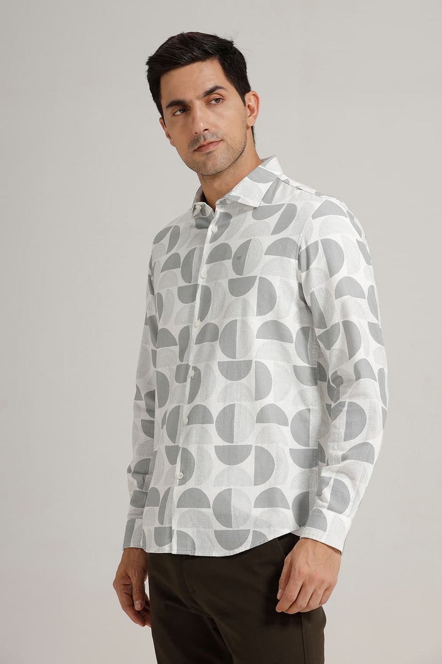 BASICS SLIM FIT CLOUD WHITE COTTON HOPSACK PRINTED SHIRT