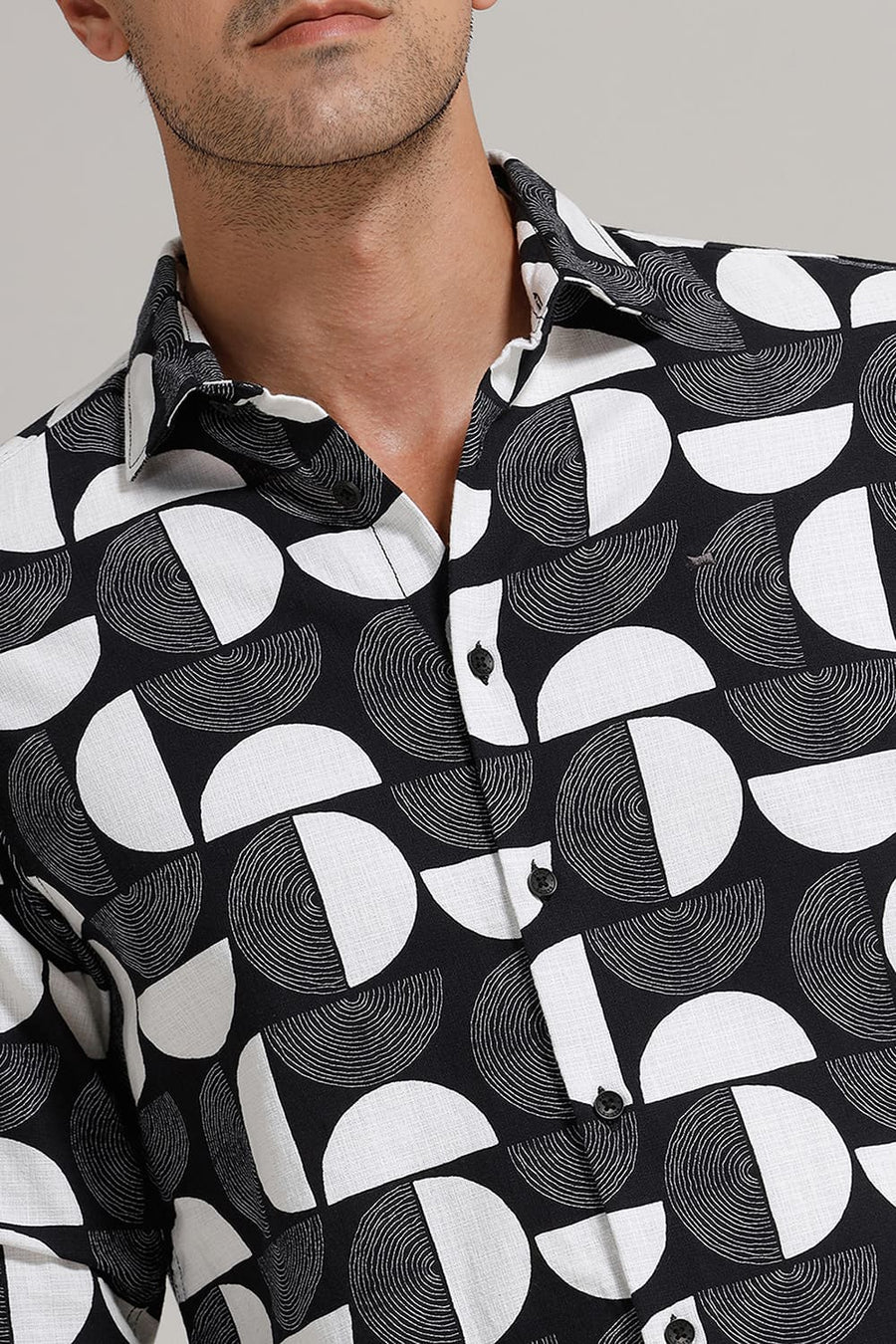 BASICS SLIM FIT BLACK BEAUTY COTTON HOPSACK PRINTED SHIRT