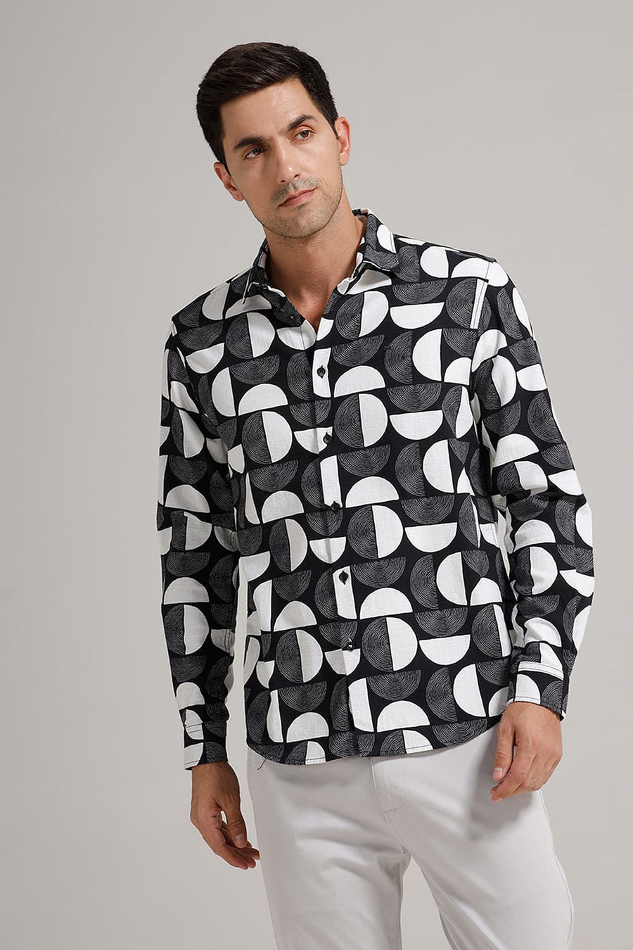 BASICS SLIM FIT BLACK BEAUTY COTTON HOPSACK PRINTED SHIRT