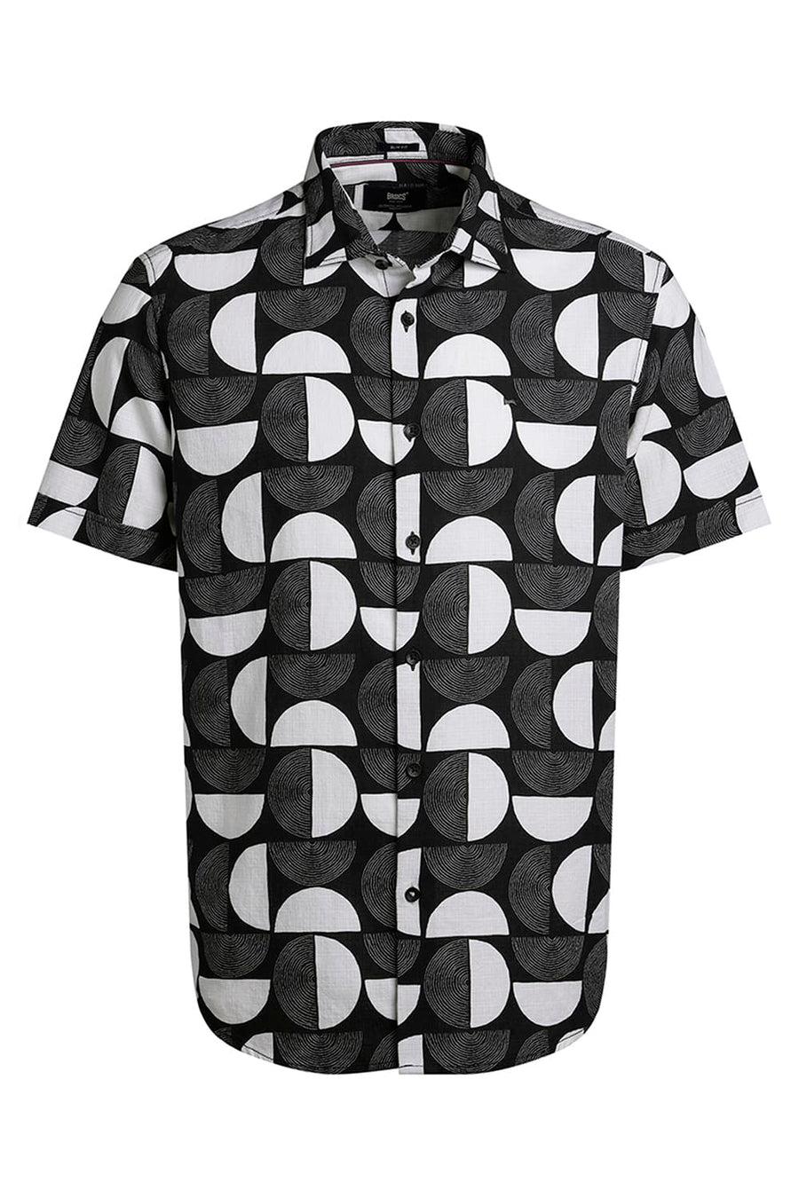 BASICS SLIM FIT BLACK BEAUTY COTTON HOPSACK PRINTED HALFSLEEVES SHIRT