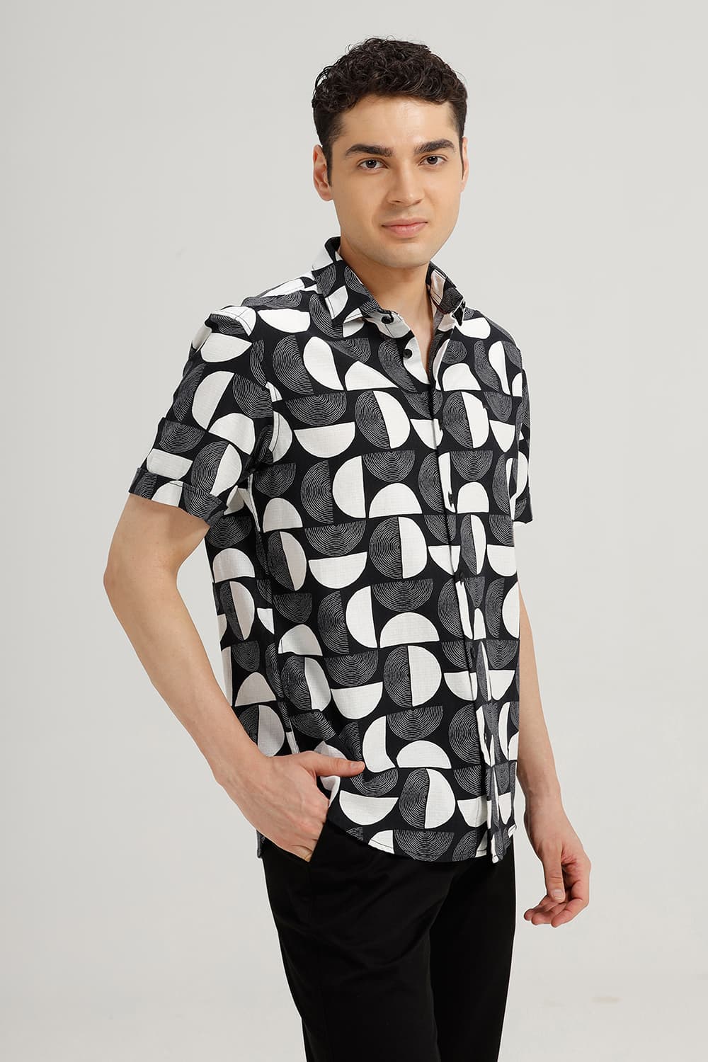 SLIM FIT COTTON HOPSACK PRINTED HALFSLEEVES SHIRT