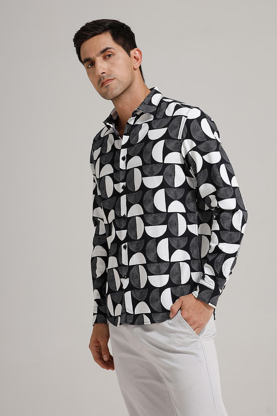 BASICS SLIM FIT BLACK BEAUTY COTTON HOPSACK PRINTED SHIRT