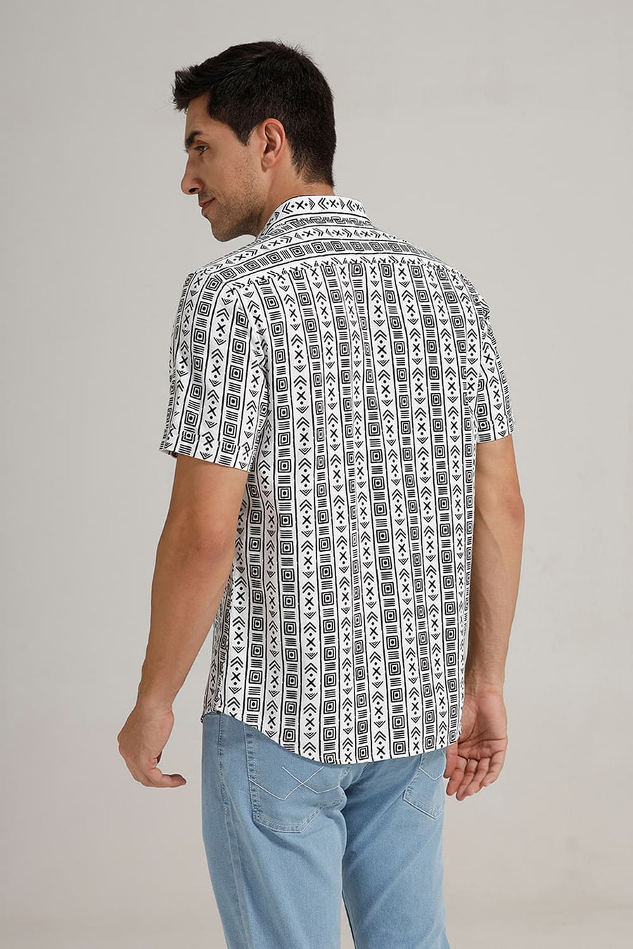 BASICS SLIM FIT WHITE COAL COTTON HOPSACK PRINTED HALFSLEEVES SHIRT