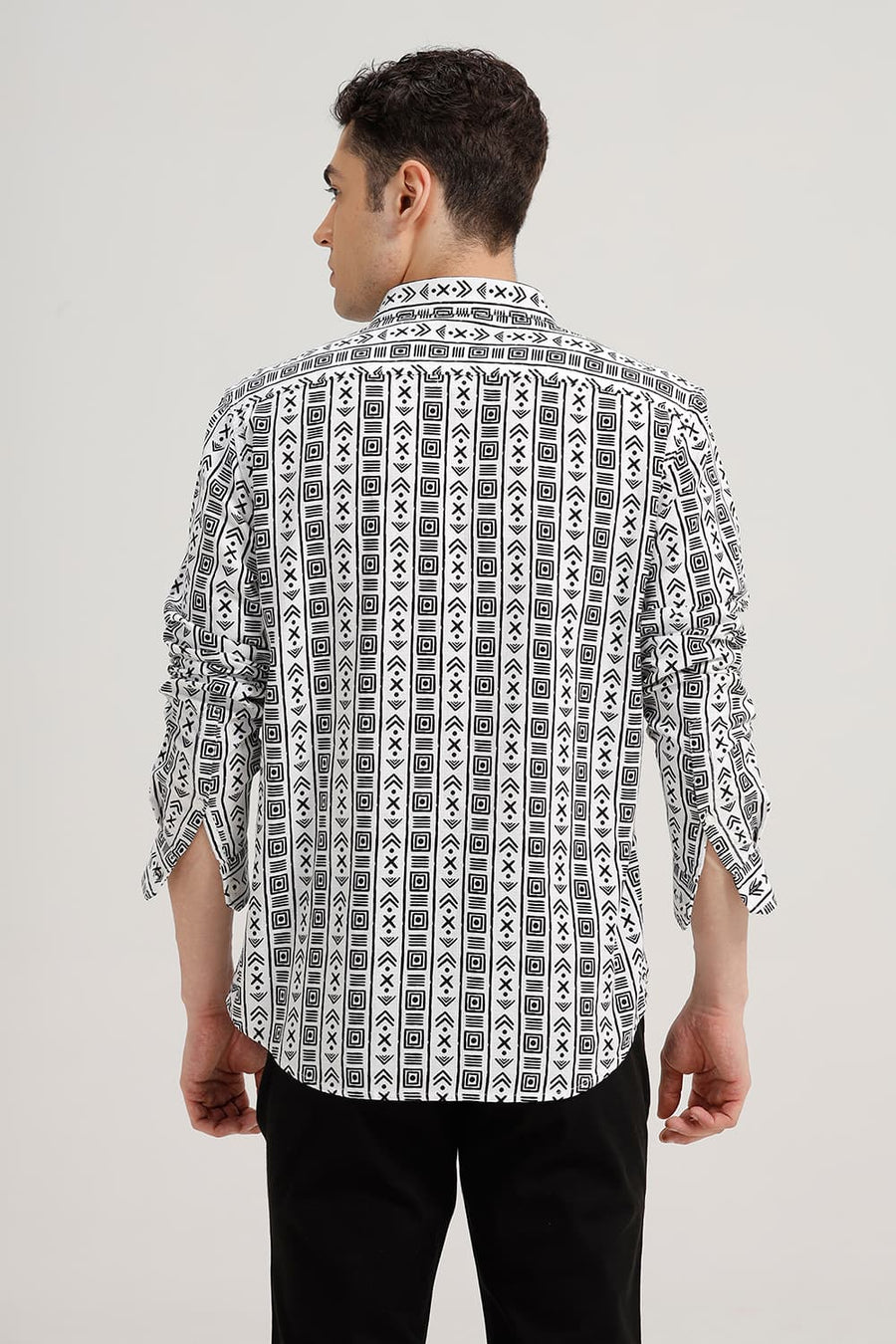 BASICS SLIM FIT WHITE COAL COTTON HOPSACK PRINTED SHIRT