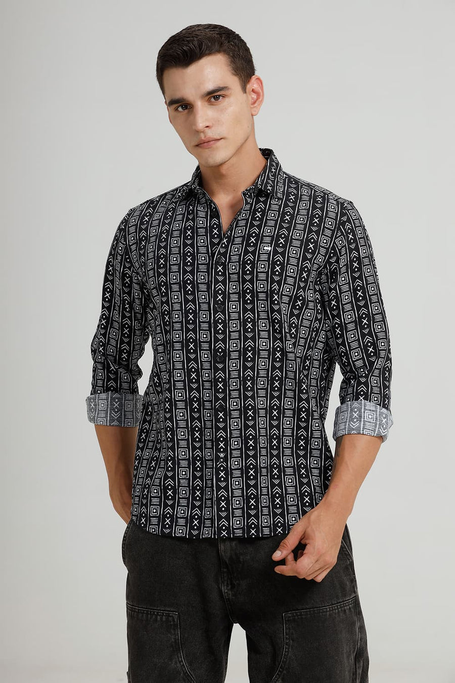BASICS SLIM FIT BLACK BEAUTY COTTON HOPSACK PRINTED SHIRT